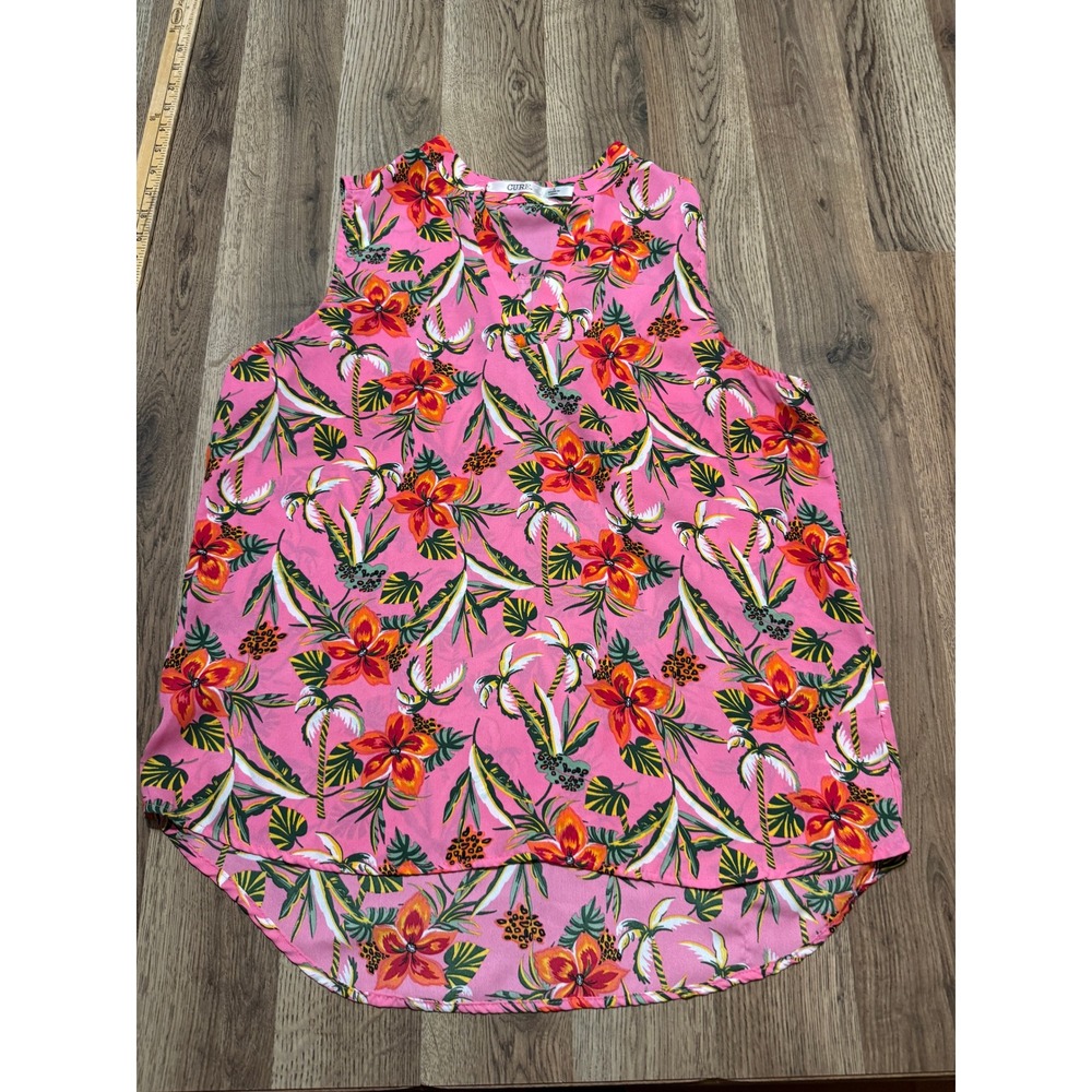 CURE. Tank Top Womens Large Pink Tropical Floral Sleeveless Blouse Excellent